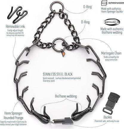 Herm Sprenger Black Stainless Steel Dog Collar with Quick Release ClicLock Buckle O-Ring Biothane Insert Training Collar Made in Germany (Black, 25in x 4.0mm(Neck Size up to21-22in))