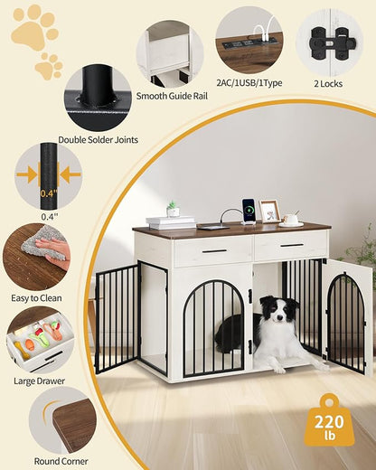 Hzuaneri 39.4'' Large Dog Crate Furniture with 2 Storage Drawers, Heavy Duty Dog Kennel Indoor with Charging Station, Wooden Dog Cage End Table Kennel for Medium/Large Dogs, White Brown DFC84214B