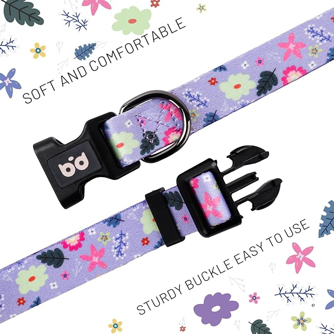 QQPETS Adjustable Soft Dog Collar: Print Flower Pink Multicolor Cute Patterns for XS Small Medium Large Pet Girl Boy Puppy Walking Running Training