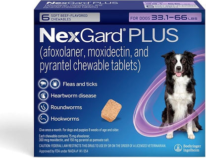 NexGard Plus (afoxolaner, moxidectin, and pyrantel) Flea and Tick Protection & Heartworm Preventive for Dogs Soft Beef Flavored Chewables, 33.1-66 lbs. (Purple) 6 Chews (6 Month Supply)