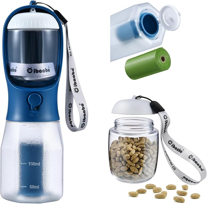 Cibaabo Dog Water Bottle with Food Container & Poop Bag Holder, Travel Water Bowl, Portable Pet Dispenser, Dog Gifts Stuff Accessories Items, Puppy Essentials for Yorkie Chihuahua Walking Hiking