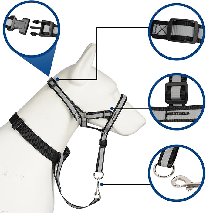 BARKLESS Reflective Head Collar, No Pull Collar for Small Medium Dogs, Anti-Pull Muzzle Leash for Puppy, Adjustable Soft Dog Halter, Nose Leash for Easy Control on Walks