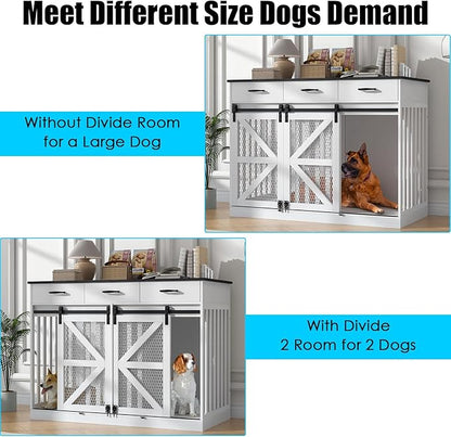 47 Inch Wooden Dog Crate Furniture for 2 Dogs with Removable Divider & Storage Drawers, Double Door Kennel for Medium and Extra Large Dogs, Farmhouse Dog Cage Side End Table for Indoor use, White