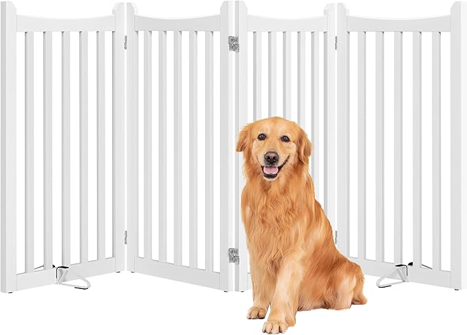 Yaheetech 36" H Extra Tall Freestanding Pet Gate 4-Panel Wooden Dog Fence with 2 Support Feet Folding Dog Gate for Indoor, Stairs, Doorways, Halls, Kitchen Wooden Pet Barrier White, 79.5" L x 36" H