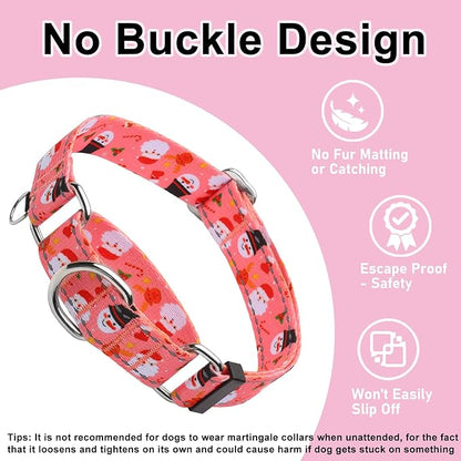 Reflective Christmas Martingale Collar for Dogs Nylon Training Collar with No Buckle No Pull Dog Collar for Large Dogs（Pink Snowman，L）