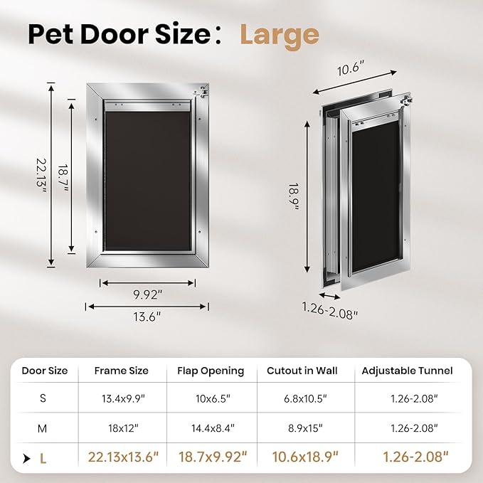 Dog Door for Door, Aluminum Alloy Pet Door, Heavy-Duty Doggy Door, Large Dog Door, Adjustable Tunnel, with Dual Magnetic Flaps & Closing Panel & Double-Sided Locks, Pet Up to 110 LBS