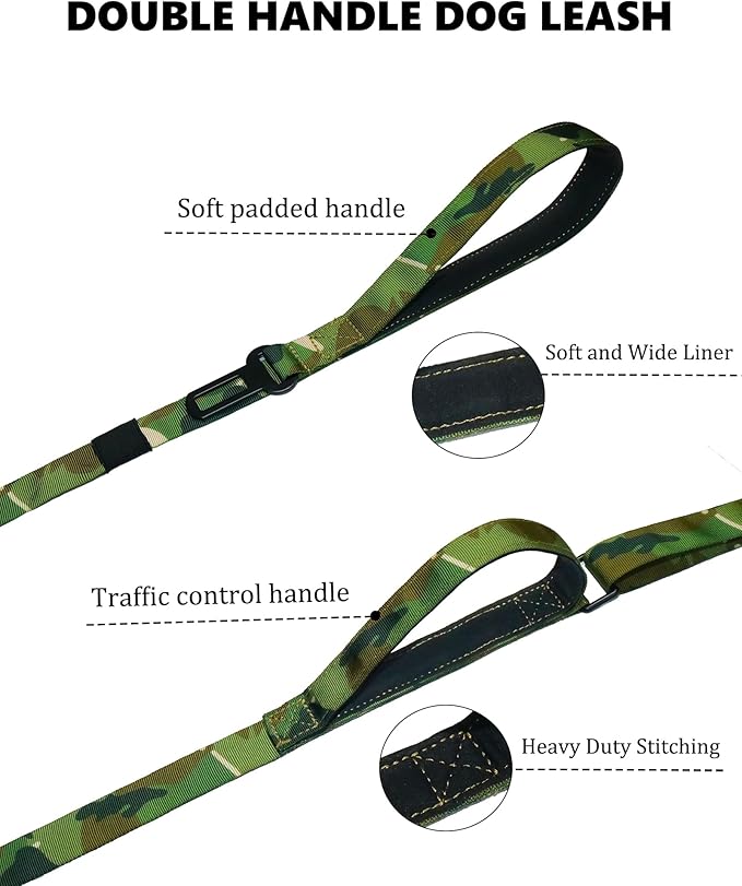 Hotsky Double Handle Dog Leash for Large Medium and Small Breed Dogs that Pull,Adjustable Nylon Heavy Duty Dog Leash with Car Seat Belt for Walking and Training,Camo,4.5-6 FT