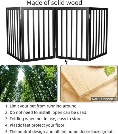 ZJSF Freestanding Indoor Dog Gate for House Foldable Wood Black Puppy Gate for Doorways Pet Gate for Stairs Extra Wide Pet Fence 32" Height 4 Panels