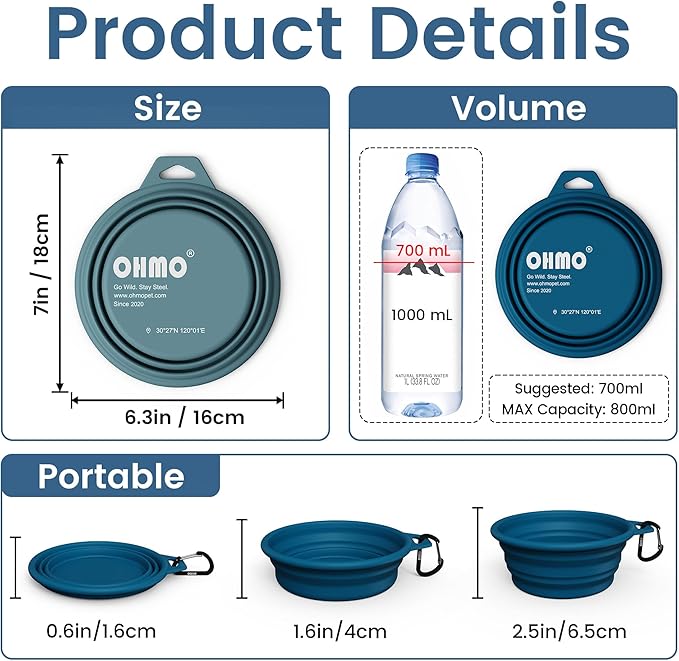 OHMO Collapsible Dog Water Bowls w/Built-in Stainless Steel Ring – 2pcs Large 27oz/800ml Portable Silicone Pet Feeding Bowl for Hiking, Camping, Travel