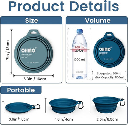 OHMO Collapsible Dog Water Bowls w/Built-in Stainless Steel Ring – 2pcs Large 27oz/800ml Portable Silicone Pet Feeding Bowl for Hiking, Camping, Travel