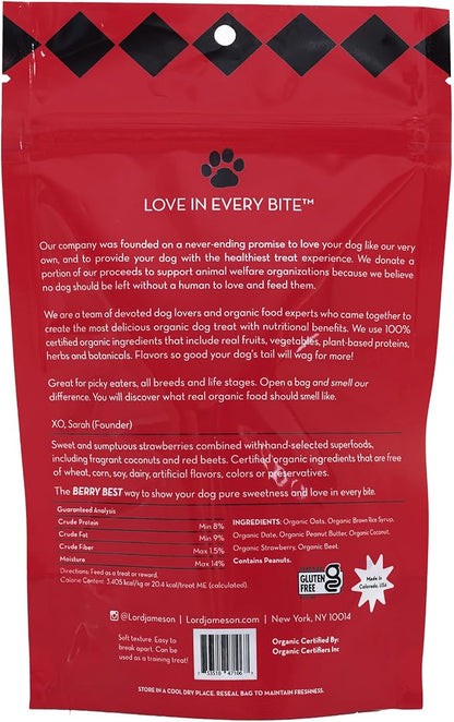 Lord Jameson Berry Best Soft & Chewy Organic Dog Treats - Strawberries & Beets- Gluten-Free, Preservative-Free, USDA Certified Organic – For All Life Stages - Made in USA 6 oz