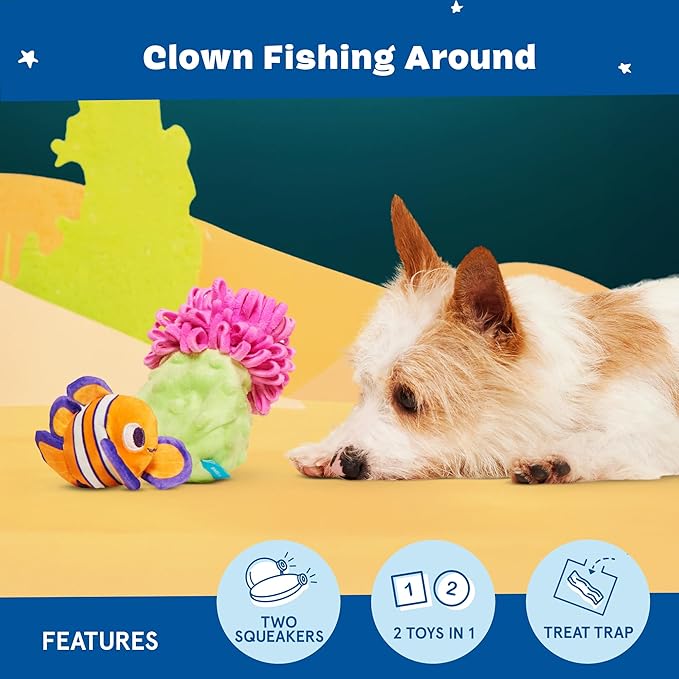 Barkbox Clown Fishing Around Plush Toy for Small Dogs – 2-Part Squeaky Toy with Treat-Hiding Fun – Perfect for Interactive Play and Mental Stimulation
