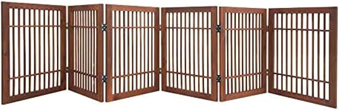 Urnporium Freestanding Wooden Dog Gate Foldable Indoor Pet Gate No Drill Expandable Barrier for Doorways Stairs Hallways Portable Wood Fence for Small Dogs & Puppies (Brown Pet Gate, 6 Panel 24" Tall)