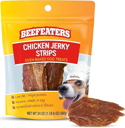 Beefeaters Chicken Jerky Strips for Dogs 24oz, 100% Real Chicken Breast, Oven-Baked, Grain-Free Dog Treats for Training & Rewards, High Protein, Low Fat, Resealable Bag, All Life Stages