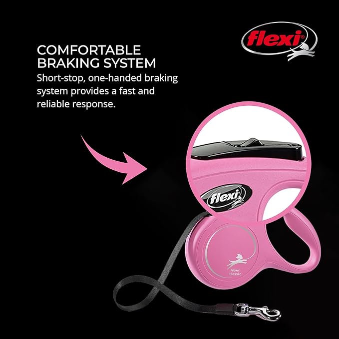 FLEXI® Classic XS Cord Retractable Dog Leash (Pink)-10 ft for Extra Small, Tiny Dogs up to 18 lbs| Ultra Compact Pocket-Size, 3-Finger Grip, German Quality| Tangle-Free, One-Hand Brake, Pause & Lock