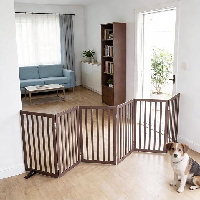 Dog Gate Indoor, Freestanding Dog Fence for The House, Doorways, Hallways,or Stairs,Pet Gate Foldable Wooden,Expandable 32" Height 6 Panels,Brown