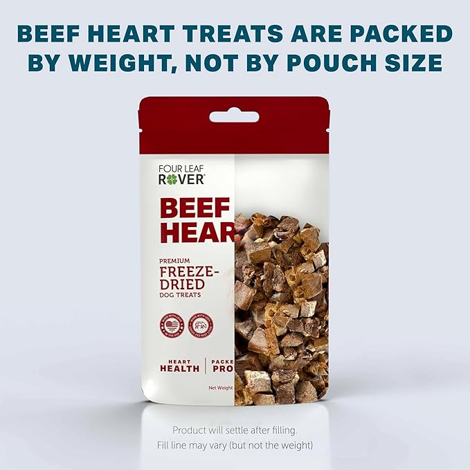 FOUR LEAF ROVER Beef Heart Dog Treats - Grass Finished New Zealand Beef Heart - Raw Freeze Dried Single Ingredient, No Additives - Made in USA - 4 Oz Bag