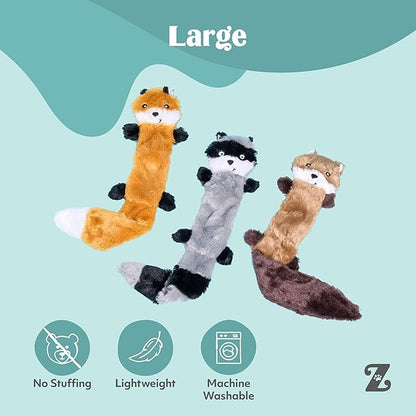 ZippyPaws Skinny Peltz - No Stuffing Dog Toy Pack to Keep Them Busy, for Medium and Large Dogs, Squeaky Pet Toys, Unstuffed Chew Toys, Soft Plush Variety Pack, Fox, Raccoon, and Squirrel - 18"