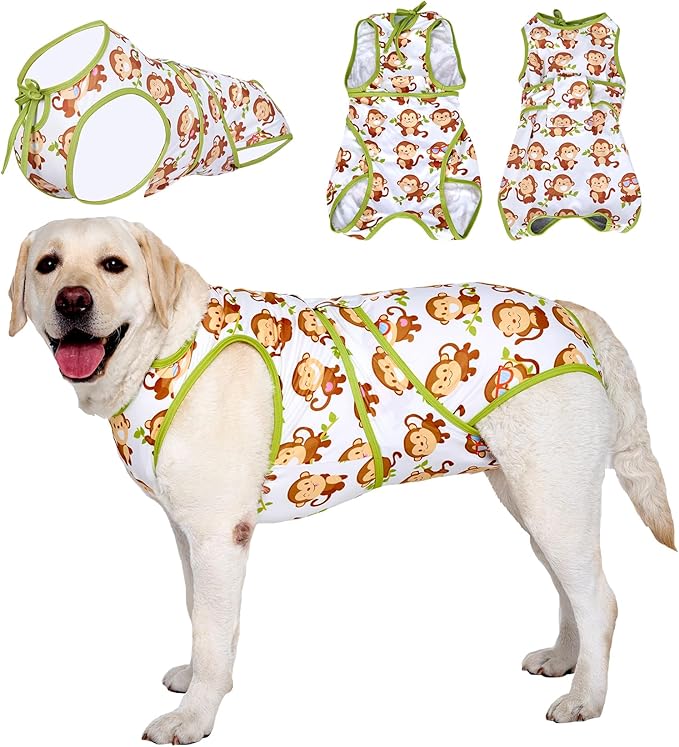 LovinPet Dog Recovery Suit - Medium Large - After Surgery Big Dog Recovery Suit Anti Licking Abdominal Wound Surgical Clothes Post-Operative Vest E-Collar Alternative,Monkey,Green,L