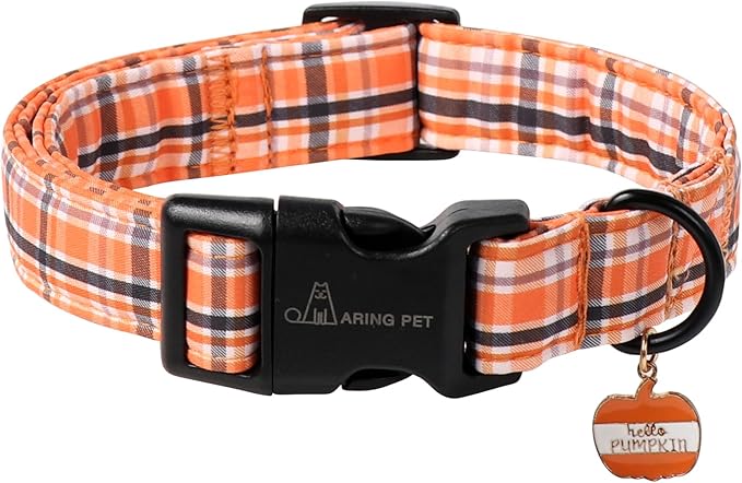ARING PET Puppy Fall Dog Collar, Autumn Orange Black White Plaid Pet Collars for Small Medium Large Girl Boy Dogs Halloween-M Size