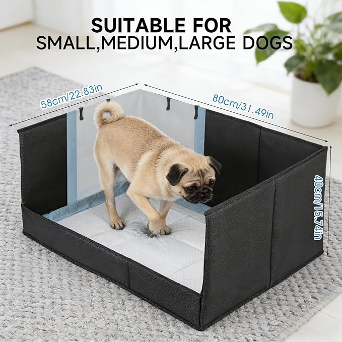 Dog Litter Box with High Walls, Pee Pad Holder Foldable, No Assembly, Waterproof, Seamless, Easy to Clean, Portable for Travel, No Spill Indoor Dog Potty Tray for Puppy & Medium Dogs