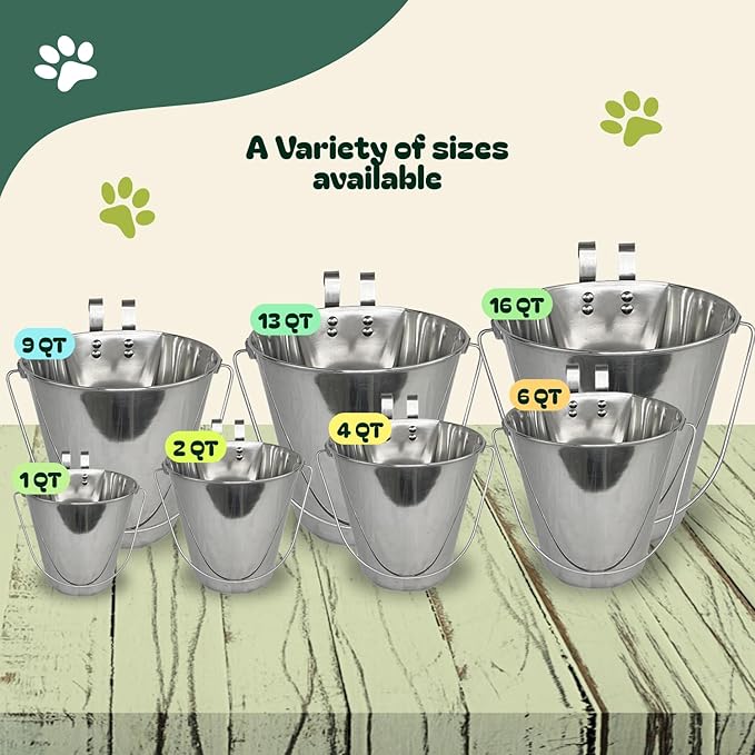 Advance Pet Products 6 Quart Stainless Steel Bucket with Dual Hook | Perfectly Fits on Kennels, Cages and Critter Crates | Heavy Duty Bucket for Pets Cleaning & Food Prep - Flat Sided Pail