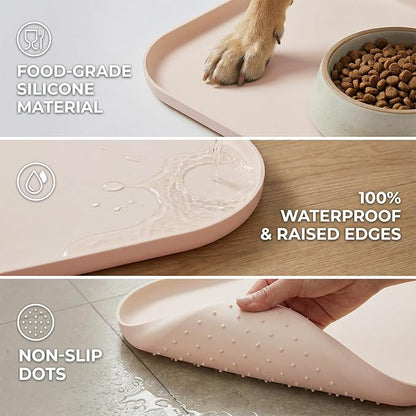 BLESWIN Waterproof Silicone Pet Feeding Mat with Raised Edge,Non-Skid Spill Proof Dog Bowl Mats, Easy Clean Cat Bowls Placemat for Cats and Dogs