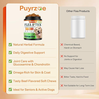 Puyrzoe 5-in-1 Dog Flea and Tick Treatment Chewable, Natural Flea and Tick Prevention for Dogs Chewable - Flea & Tick | Hip & Joint | Skin & Coat | Immunity Support | Digestive for All Breeds & Sizes