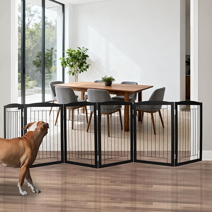 ZJSF Freestanding Foldable Dog Gate for House Extra Wide Wooden Black Indoor Puppy Gate Stairs Dog Gates Doorways Tall Pet Gate 6 Panels Fence
