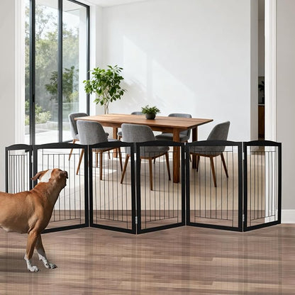 ZJSF Freestanding Foldable Dog Gate for House Extra Wide Wooden Black Indoor Puppy Gate Stairs Dog Gates Doorways Tall Pet Gate 6 Panels Fence