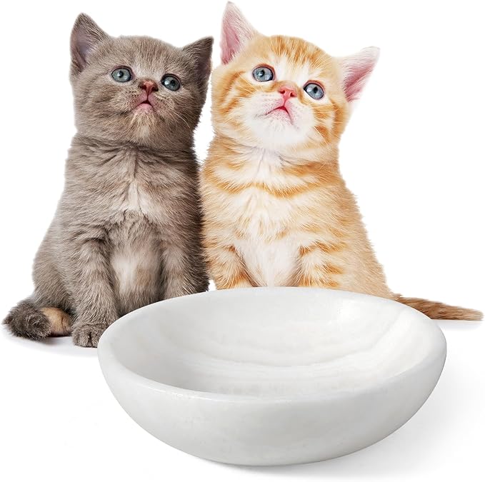 White Cat Bowl, Marble Food and Water Bowl for Cat and Small Dog, Heavyweight 1.5lb Non-Tip Pet Food Dish with Slip-Proof Pad, Premium Stone Feeder for Elegant Home Decor