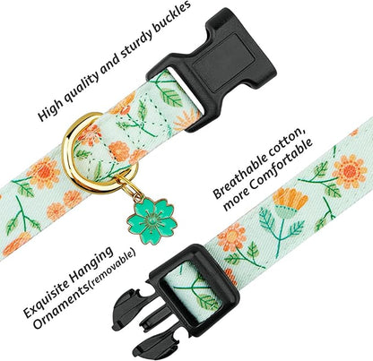 Cotton Handmade Dog Collar Cute and Distinctive Patterns Green Sunflower with Pendant for Girl Boy Dogs Collars L