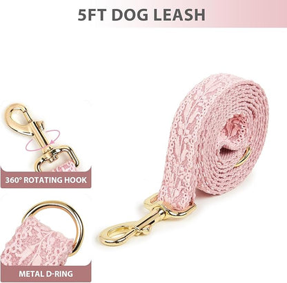 Pink Lace Dog Collar and Leash Set for Small Dogs with Detachable Flower Bow, Gold Hardware, Elegant Pet Accessories for Female Dogs,S