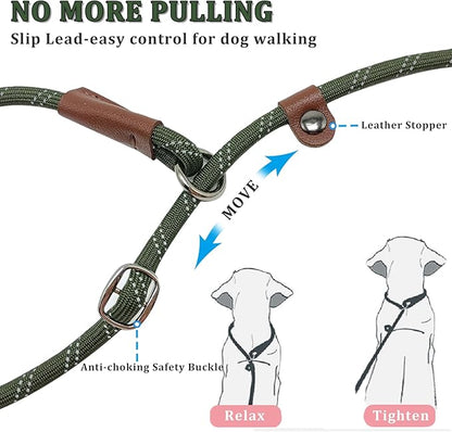 WYUZE 8 ft Slip Lead Dog Leash, Reflective No Pull Dog Training Lead, 1/3" Nylon Rope Slip Control Leash for Small Medium Dogs, Olive