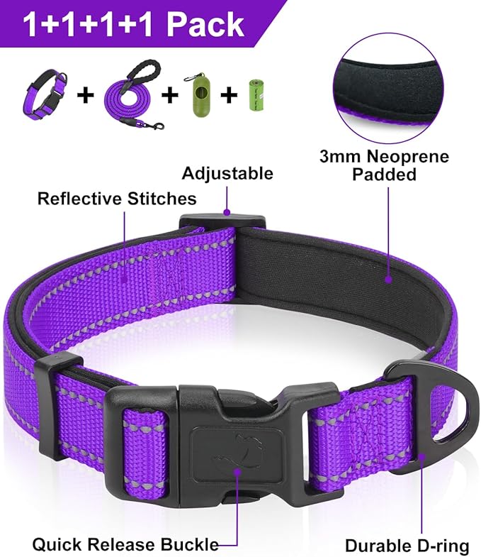 Dynmeow Reflective Dog Collar and Leash Set, 6FT Strong Climbing Rope Leash with Padded Handle, Adjustable Pet Collar with Soft Neoprene Padding for Small Medium Dogs, Purple, S