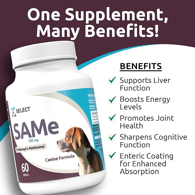 K9 Select SAM-e for Medium and Large Adult Dogs, 60 Tablets, 200mg Active S-Adenosyl L- Methionine, for Dogs