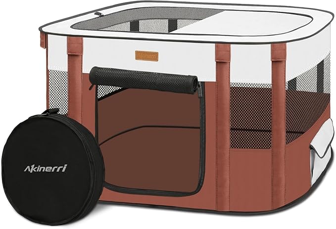 Dog Playpen - Foldable Cat Play Pens for Pubby,Kitten, Rabbit,Portable Pet Tent with Carring Bag for Indoor/Outdoor Travel Camping (Brown-Large)