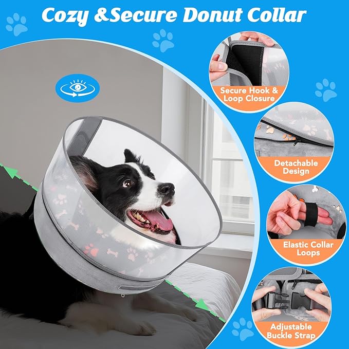 Inflatable Dog Cone with Anti-Licking Clear Shield, Protective Dog Donut Collar After Surgery, Adjustable Soft Recovery Cone for Pets, Alternative Collar with Buckle Strap (Grey Paw, S)