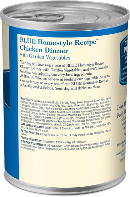 Blue Buffalo Homestyle Recipe Adult Wet Dog Food, Made with Natural Ingredients, Chicken Dinner with Garden Vegetables, 12.5-oz Can (Pack of 12)