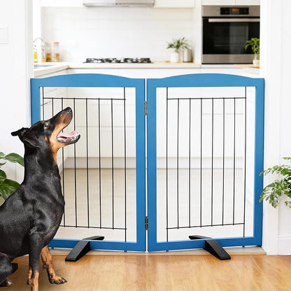 ZJSF Freestanding Dog Fence Indoor, Foldable Dog Gate for Doorways, Stairs or Hallways, Sturdy Wood Extra Wide Pet Gate with Support Feet for The House, Blue, 32 "Height-2 Panels