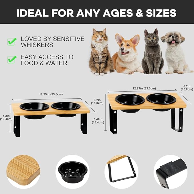 LEAWALK Upgraded Adjustable Height Cat Food Bowls Stand Ceramic Dog Bowls and Slow Feeder Cat Bowl, 15°Tilted Stand Anti Vomiting Raised for Small and Medium Sized Cats Dogs (Black (2 Bowl+Pet mat))