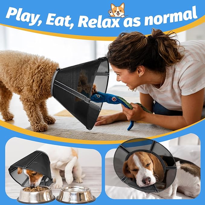 Dog Cone Collar to Stop Licking: Soft Mesh Recovery Collar After Surgery with Detachable Pad, Elizabeth Cone Alternative for Large Medium, Small Dogs, Normal Eating and Drinking (XS, Black Mesh)