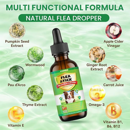 Flea and Tick Prevention for Dogs, 60 ML (2 FL OZ) 2 Pack Natural Oral Flea and Tick Drops for Dogs Containing Multivitamin All Breeds and Sizes Fleas Control for Dog Bacon Flavor