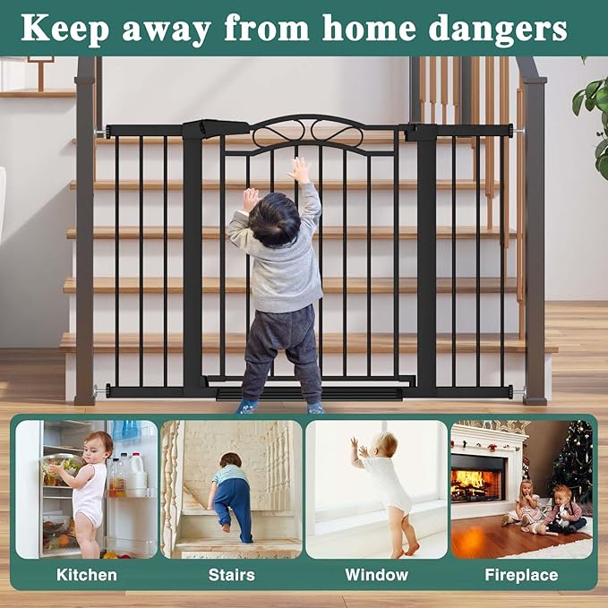 Black Baby Gate with Door-Walk Through Baby Gates for Stairs Pressure Mounted no Drill-Indoor Tension Metal Child Pet Dog Safety Gate 37.80"-40.55" Wide