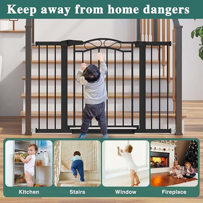 Black Baby Gate with Door-Walk Through Baby Gates for Stairs Pressure Mounted no Drill-Indoor Tension Metal Child Pet Dog Safety Gate 37.80"-40.55" Wide