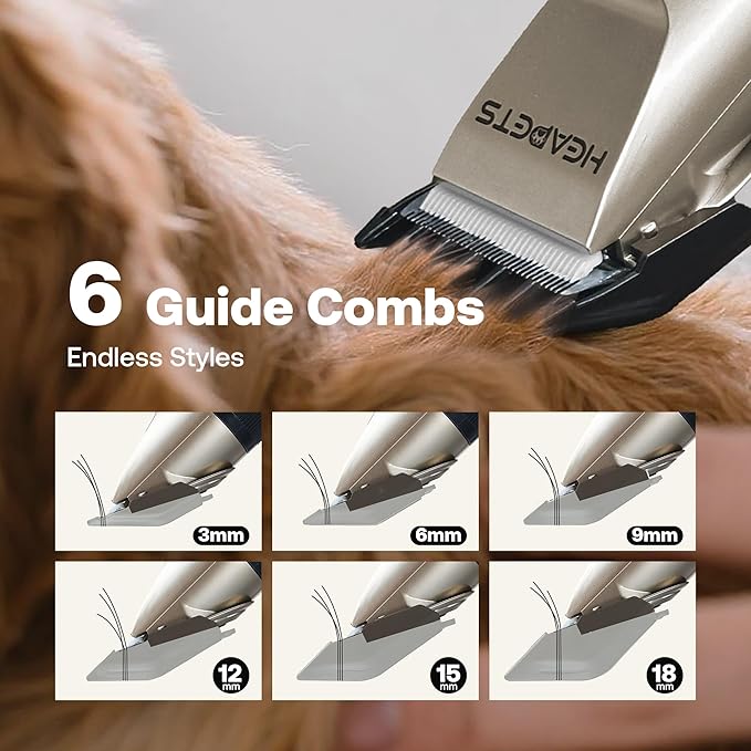 HEAPETS Dog Grooming Clippers, Low Noise, Electric Quiet, Adjustable Clipper Comb, Rechargeable Cordless Dog Hair Clippers for Dogs Cats Pets, Gold
