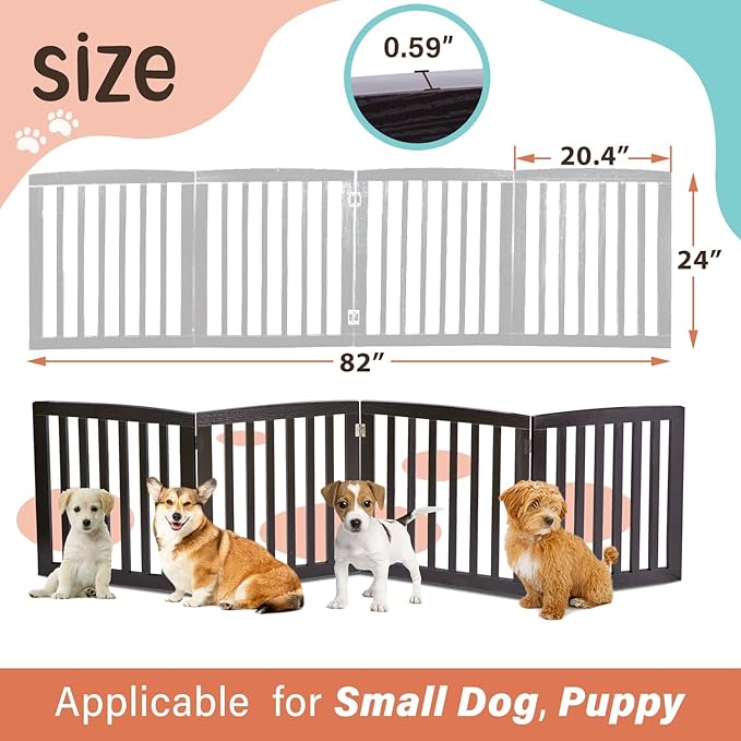 Dog Gate Pet Gate Indoor for Stairs Doorways 82x24 Inch 4 Panels Dog Fence Extra Wide Wooden Black