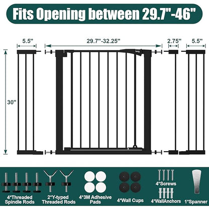 keny 29.7"-46" Baby Gate for Stairs, Auto Close Dog Gates for Doorways, Pressured Mounted No Drilling Pet Gate Extra Wide, One-Hand Opening Dual Lock Stair Gate, Indoor Kids Necessities, Black