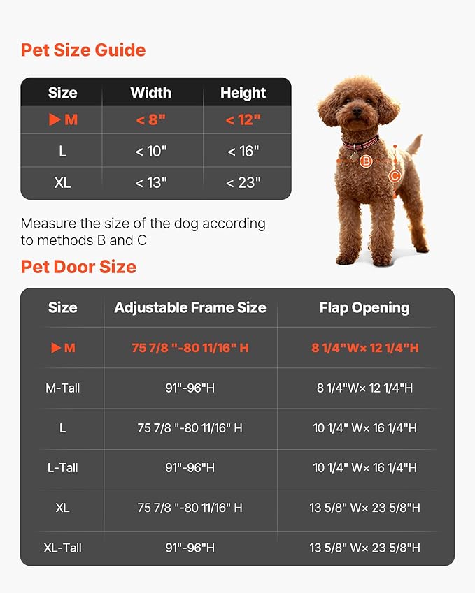 VEVOR Dog Door for Sliding Glass Door, 91 to 96 in Adjustable Height, Aluminum Alloy Frame with Metal Rotating Hinges, Lock Design, 8 1/4 x 12 1/4 in Flap, Sliding Glass Pet Door for Renters