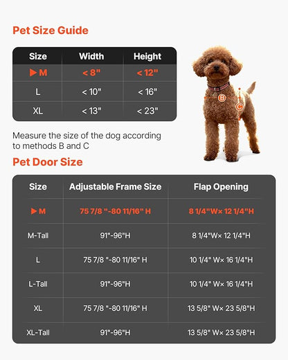VEVOR Dog Door for Sliding Glass Door, 91 to 96 in Adjustable Height, Aluminum Alloy Frame with Metal Rotating Hinges, Lock Design, 8 1/4 x 12 1/4 in Flap, Sliding Glass Pet Door for Renters
